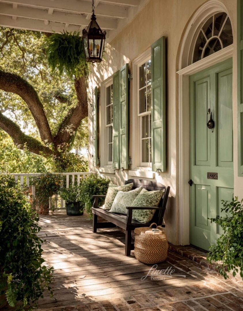 Shaded porch with green door and cushioned bench