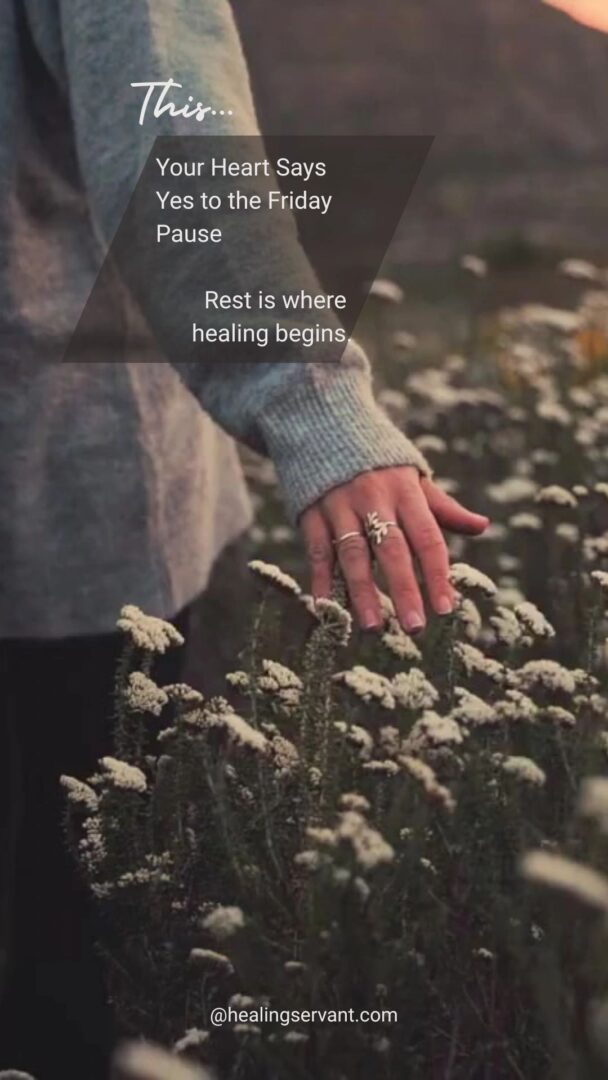 Hand touching flowers, text about healing.