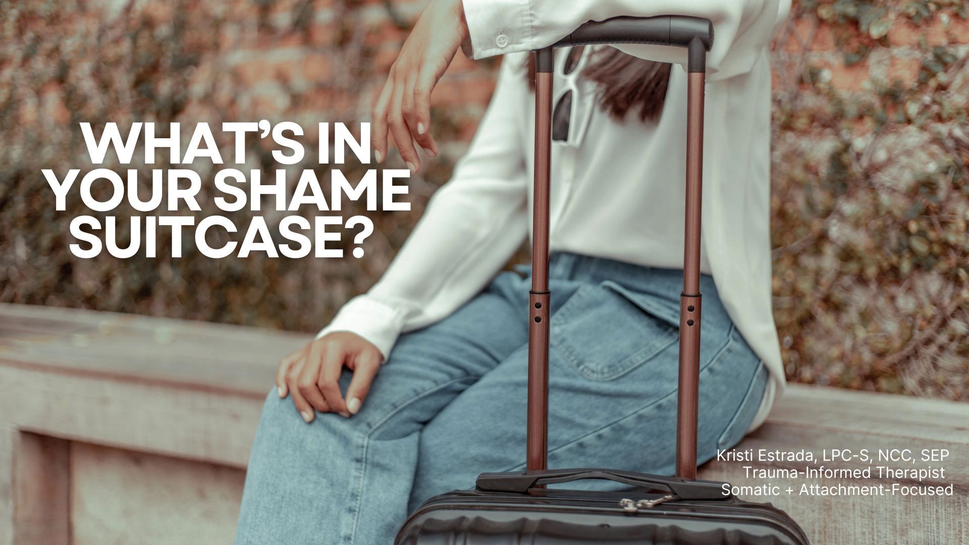 Person sitting with suitcase on bench.