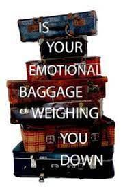 Stacked suitcases with text about emotional baggage.