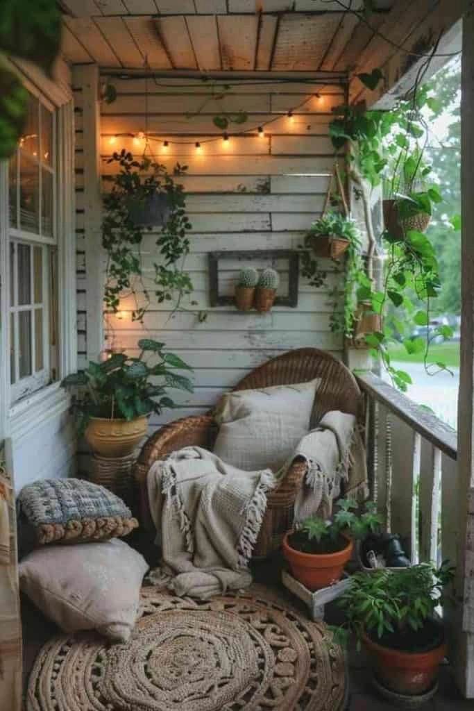 Cozy patio with plants and string lights.