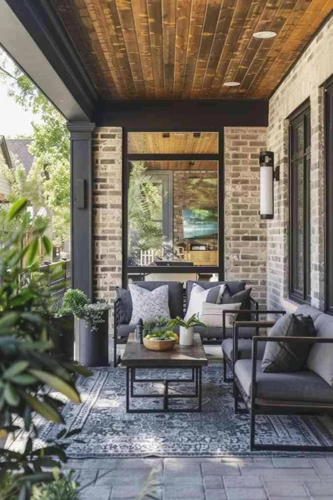 Cozy patio with modern furniture and plants.