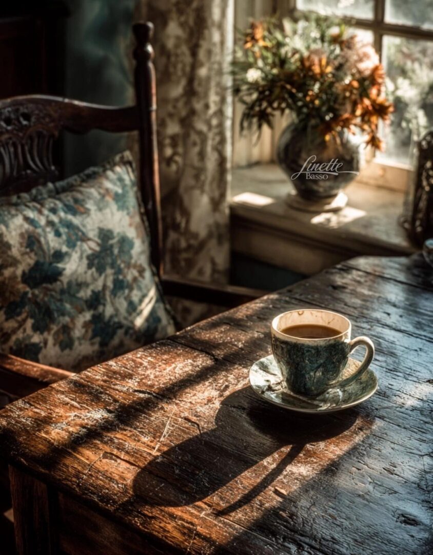 Coffee cup on rustic wooden table.