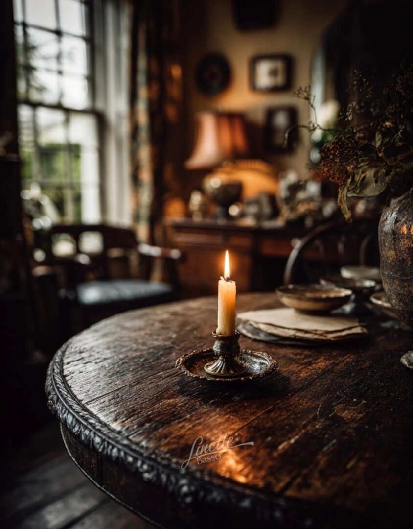 Rustic room with lit candle on table.