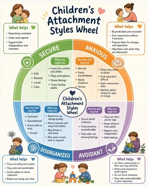 Children's attachment styles informational wheel diagram.