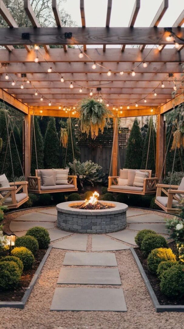 Outdoor patio with fire pit and swings.