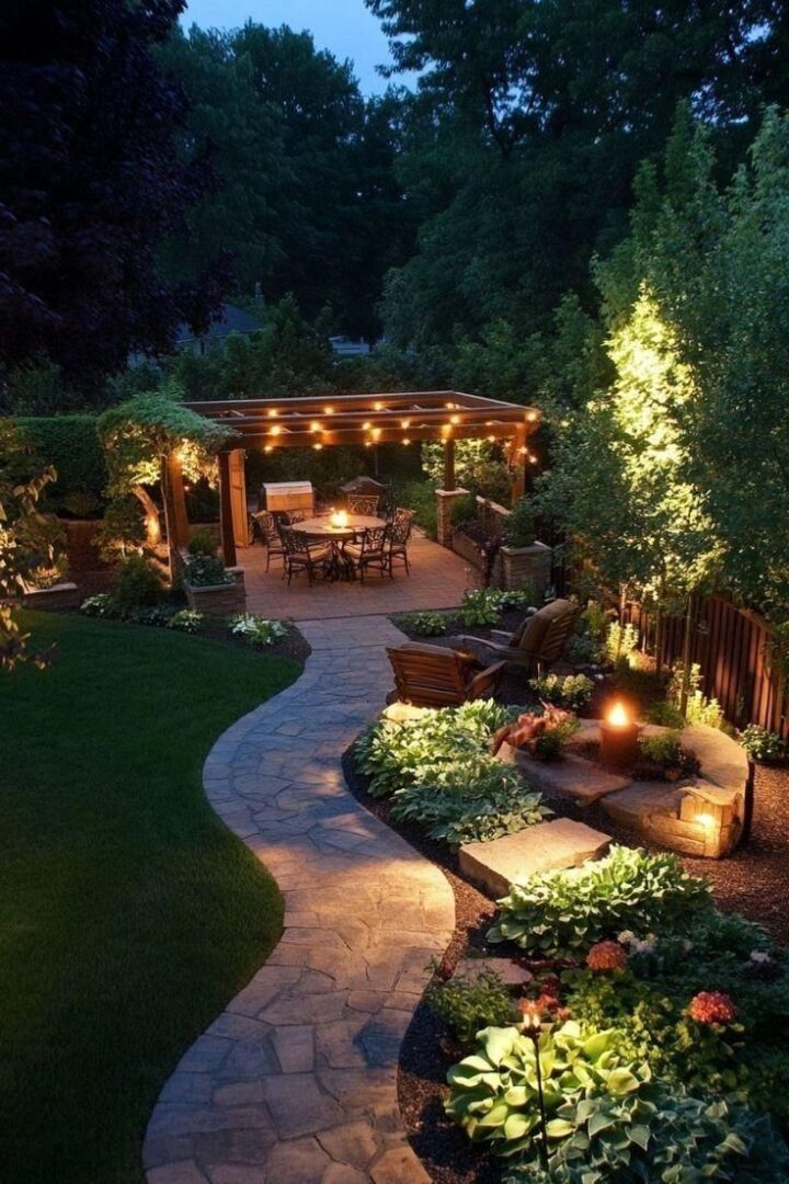 Backyard garden with patio lights at night.