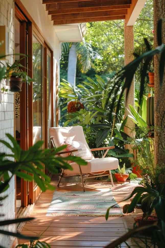 Sunny patio with chair and lush plants.