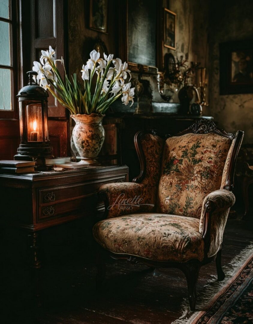 Vintage armchair beside vase of white flowers