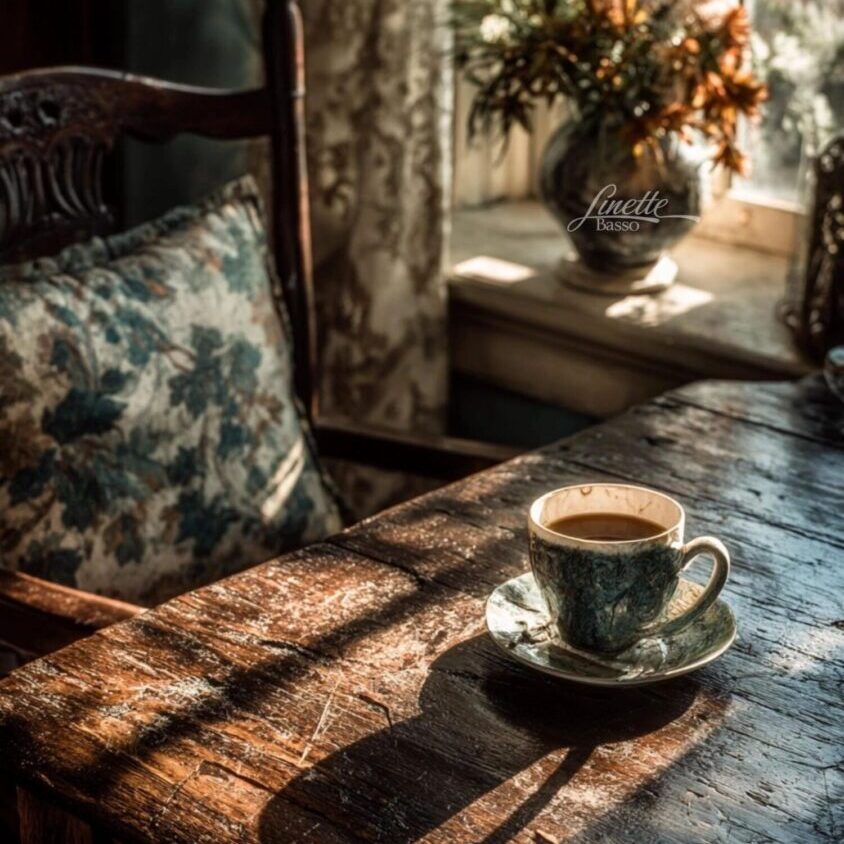 Coffee cup on rustic wooden table.