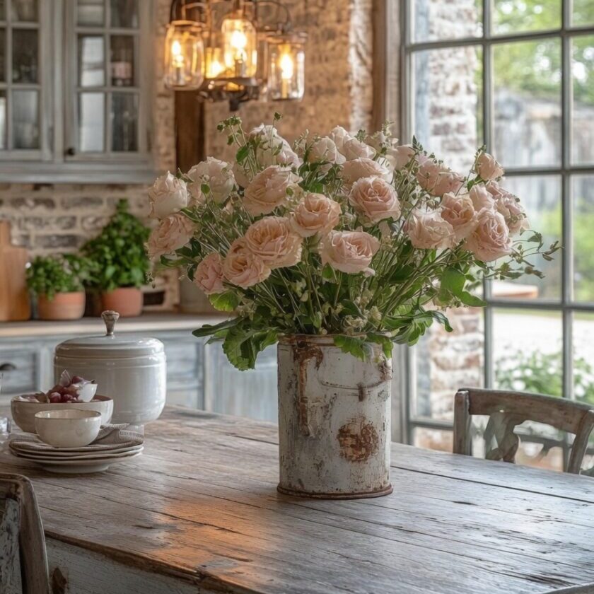 Rustic kitchen table with pink rose bouquet